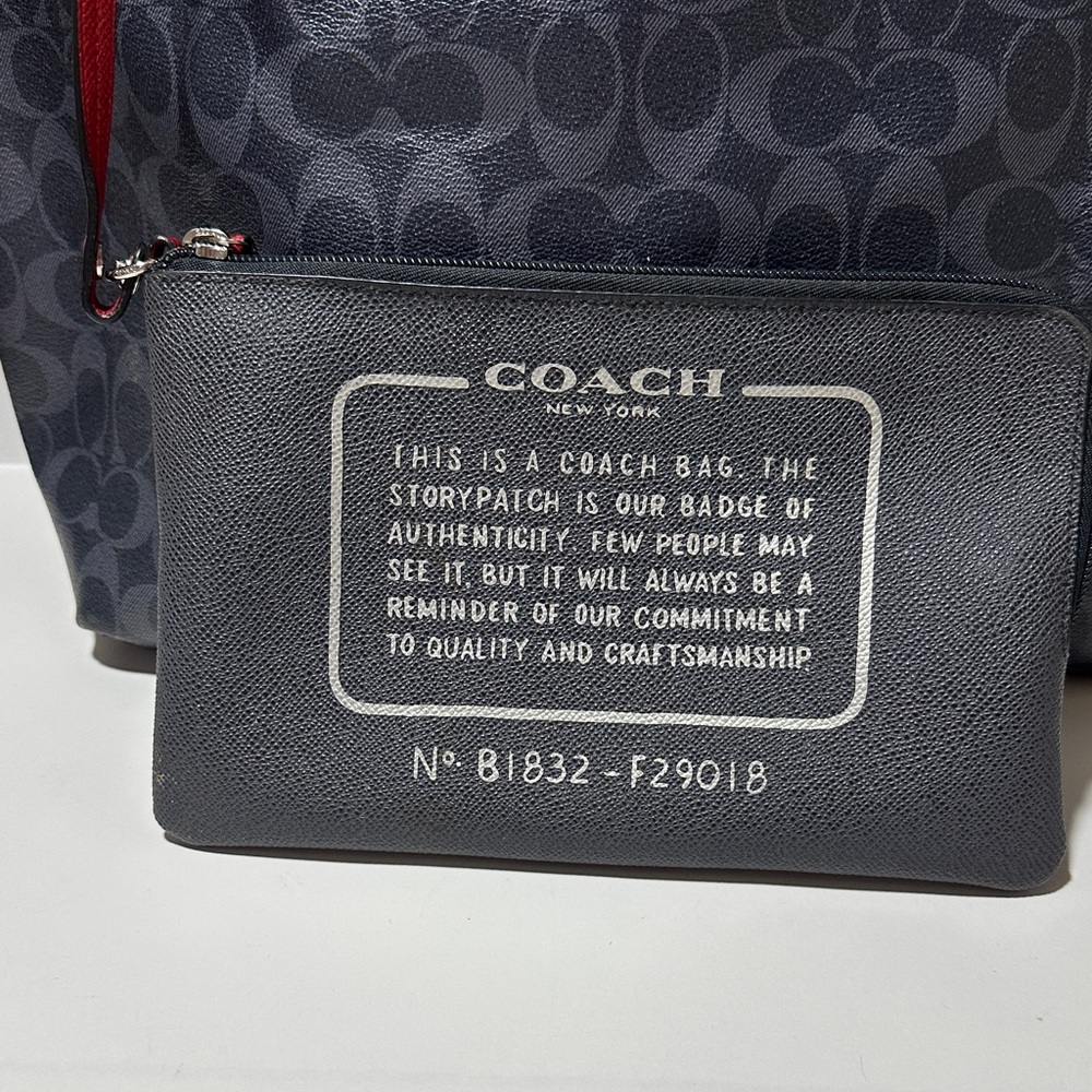 Coach Reversible Signature Logo Navy Tote with Red Trim & Detachable Pouch - Picture 5 of 7